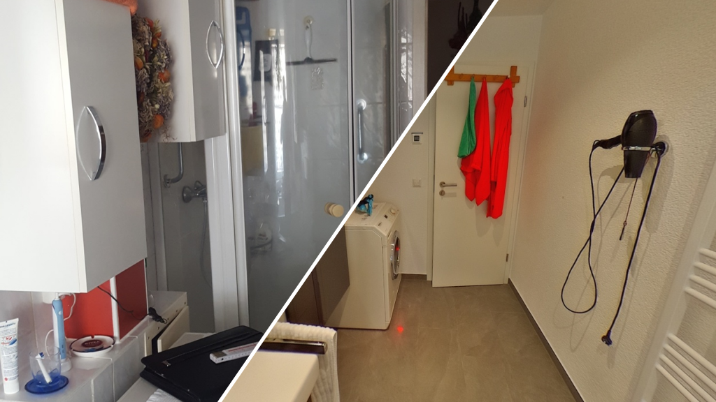 Klassisches Duschbad mit bodengleicher Dusche und Lackspanndecke.